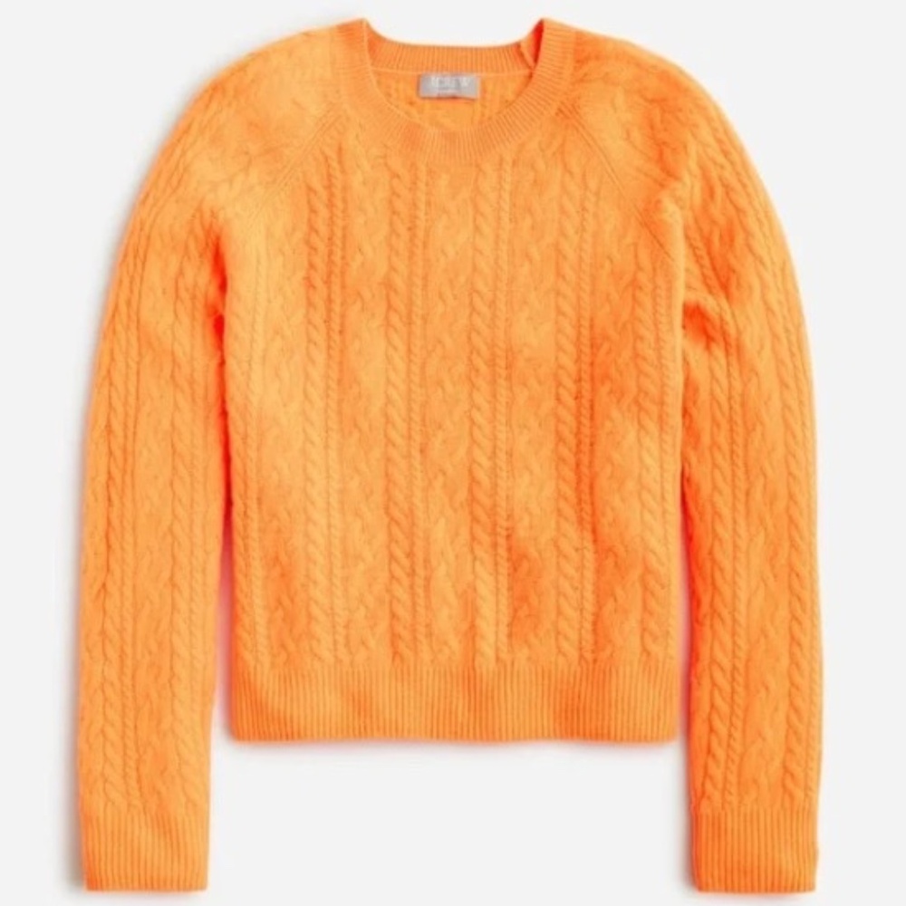 NWT J.Crew Cashmere Cropped Cable Knit Crewneck Neon Orange – Size Small
